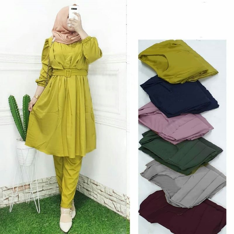 SET CELANA TUNIK FENITA, MOSCREPE PREMIUM, GAMIS HIJAB MUSLIM, SETELAN, 2 UKURAN