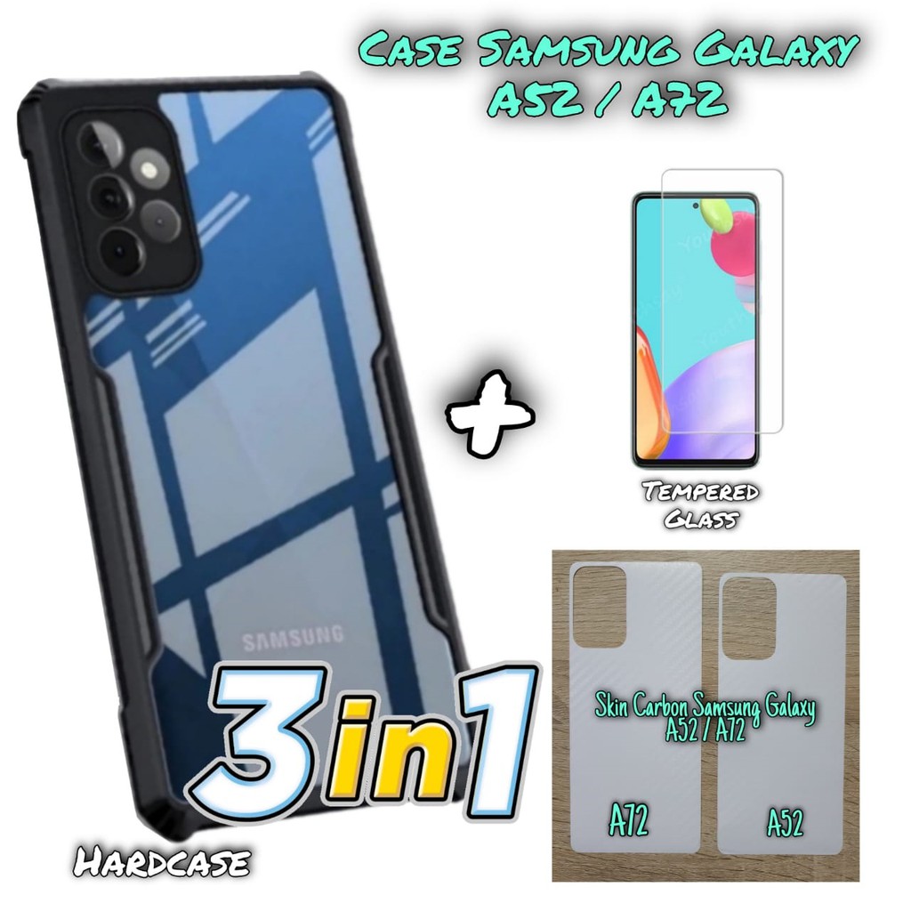 Paket 3IN1 Case Samsung Galaxy A52 / A72  Hard Case Armor Transparan FREE Tempered Glass &amp; Garskin