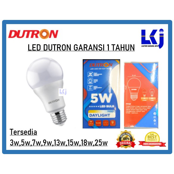 Lampu LED Dutron 3w 5w 7w 9w 13w 15w 25w Garansi Putih