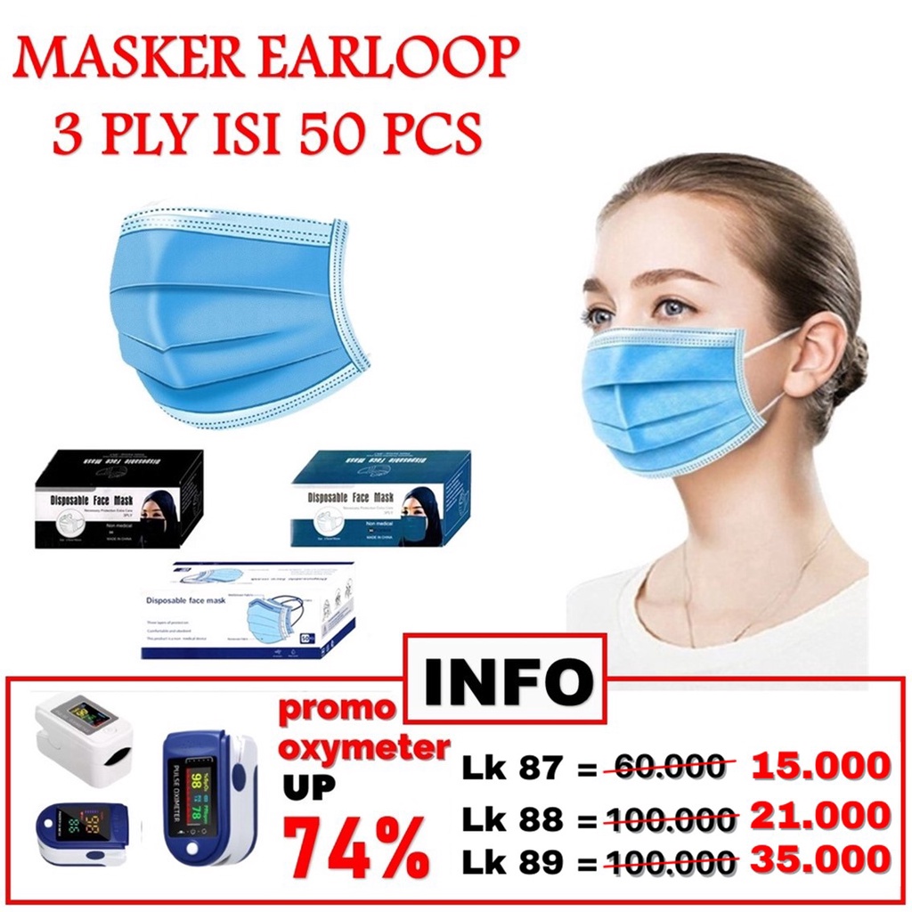 HC Masker Earloop Warna Warni 3Ply Masker Disposable 50 Pcs Facemask Kesehatan 3 Ply Kemasan Box-HC3909 BIRU