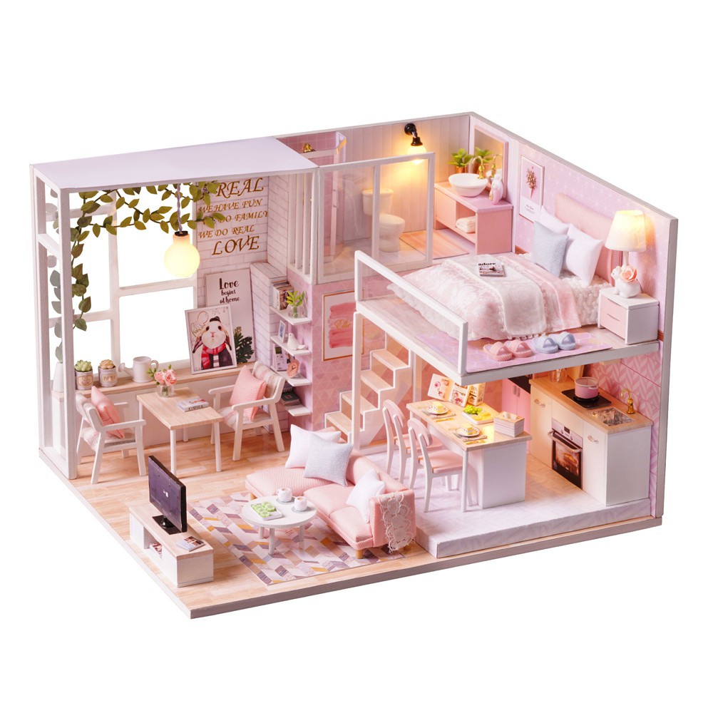 Miniatur Rumah Boneka Mini Realistis 3d Bahan Kayu Warna Pink