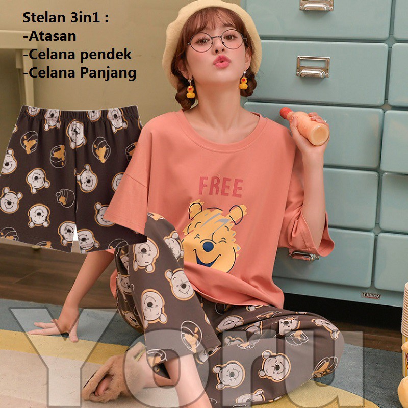 Pamelo.id Setelan Piyama 3in1/Baju tidur import/Piyama 3in1/Setelan 3in1/Baju tidur import