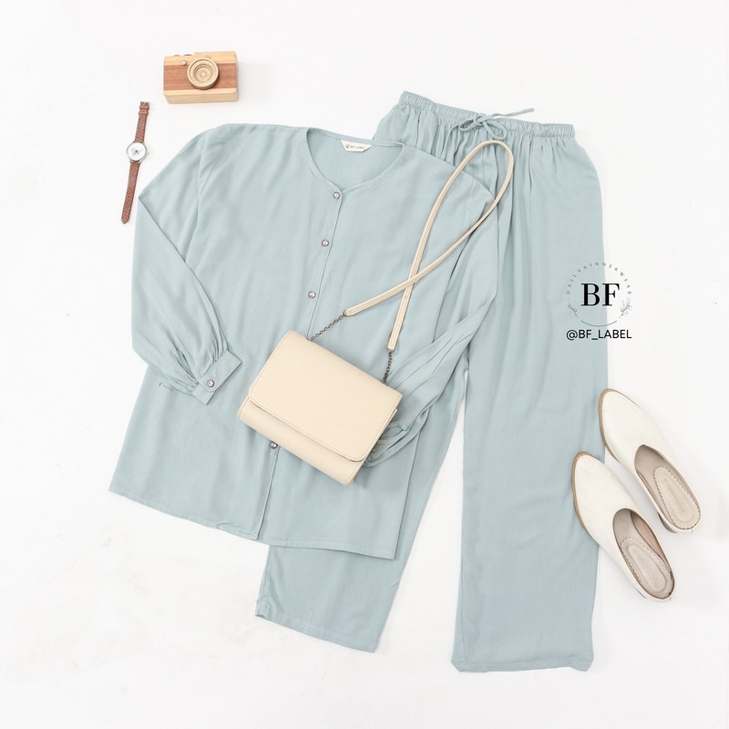 NARA SET | One set rayon polos basic celana panjang kemeja panjang sleepwear piyama by @bf_label BF Label-1