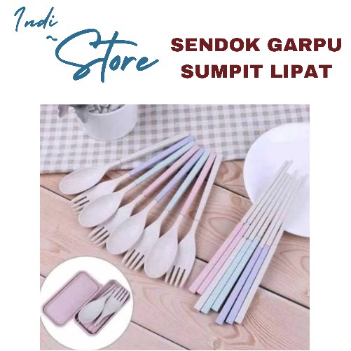 INDI Sendok Lipat Travel / Sendok Garpu Sumpit Lipat / Sendok Jerami Set 3 in 1