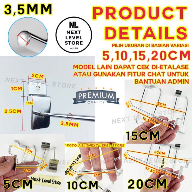 Slatwall Hook Cantolan 5 10 15 20 CM TEBAL 3,5mm Stainless Slat Slot Gantungan Rak Display Aksesoris