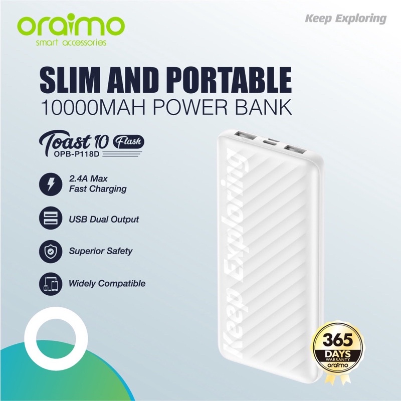 Oraimo OPB-P118D Toast 10 Powerbank 10000 mAH Dual USB Fast Charging - Garansi 1 Tahun