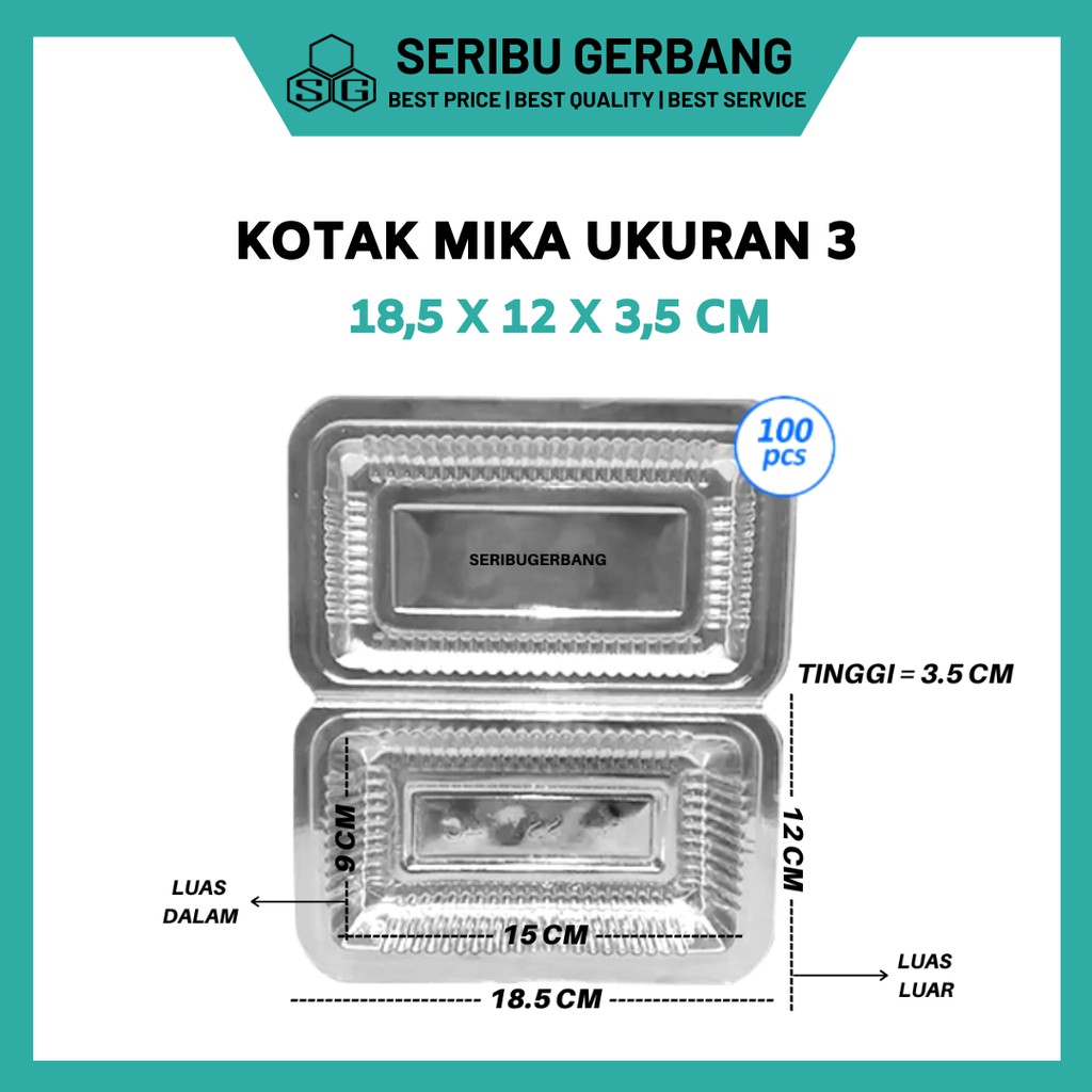 100PCS BOX MIKA PLASTIK MIKA BENING UKURAN 3 TEMPAT WADAH KUE KOTAK MAKANAN NASI