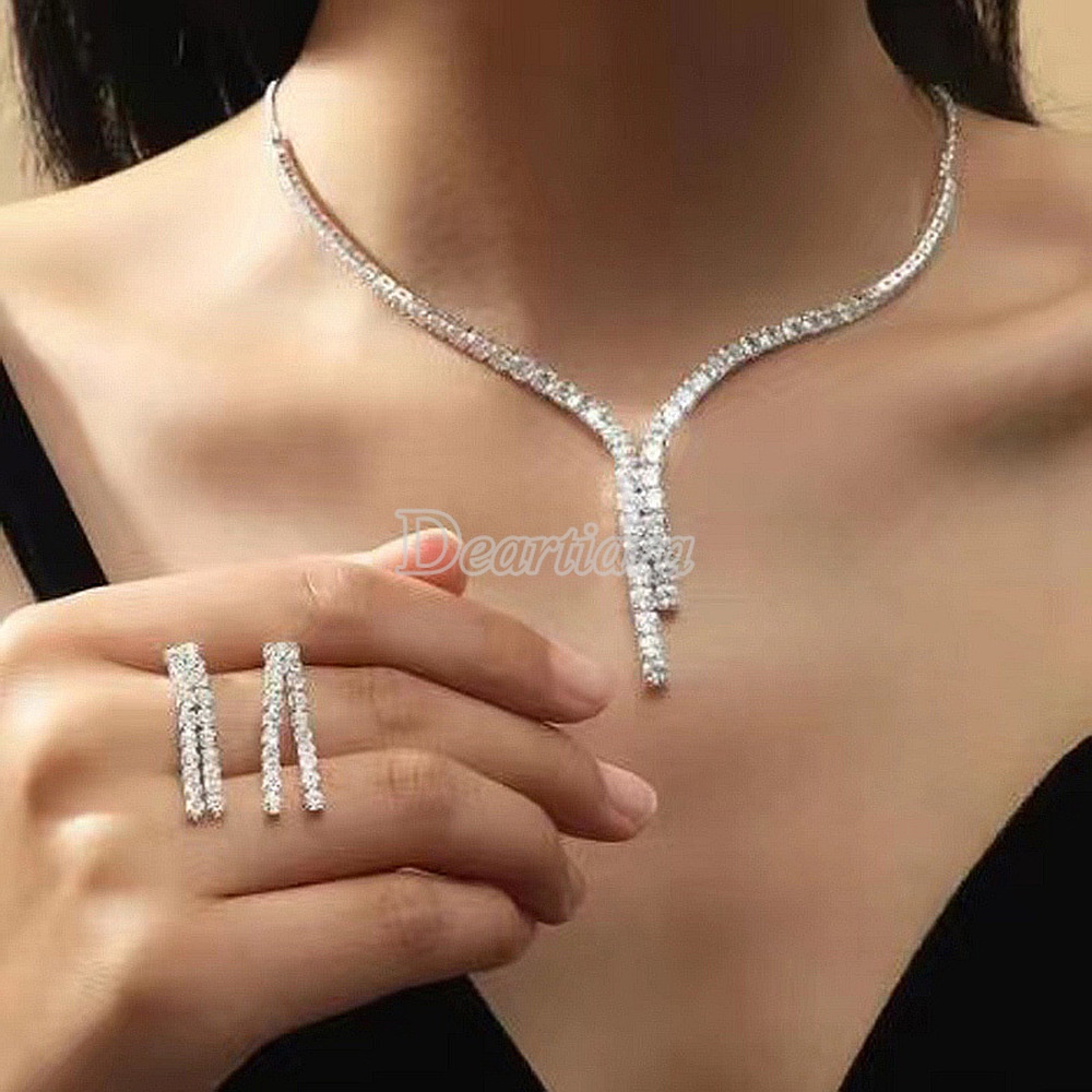 Set Anting Tusuk Gantungkalung Rantai Dengan Liontin Kristal Zirkonia Inlaid Untuk Wanita