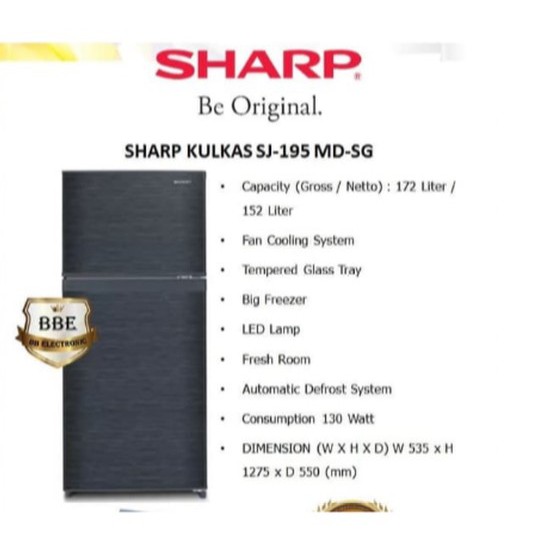 SHARP Kulkas 2 Pintu 172Liter SJ-195MD SG/SR SJ 195MD No Frost