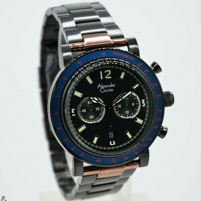 Best Seller Jam tangan Pria ALEXANDRE CHRISTIE AC 6478 PRIA FULL BLACK RING BLUE ORIGINAL