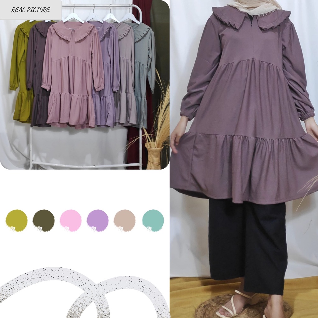 Dailythings Tunik Selia Kerah Korea Balon Ukuran Fit L sampai XXL Lingkar Dada 102cm Panjang 89cm