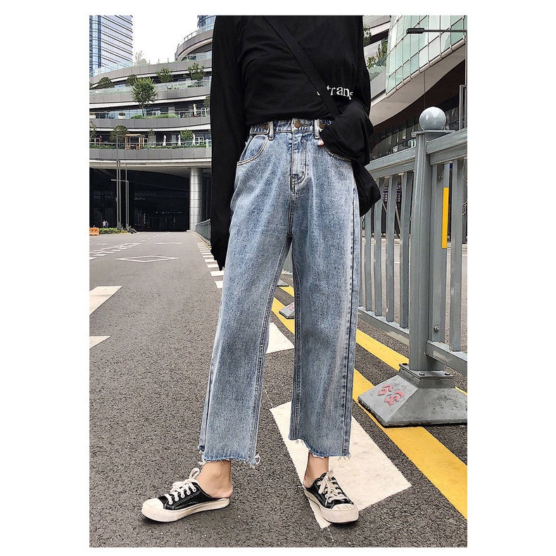 Korean New high waist straight celana jeans panjang wanita