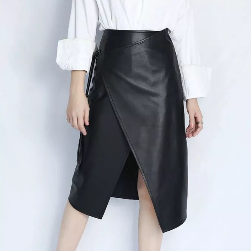 Rok Kulit Sintetis Rok Midi Wanita Leather Skirt Asimetris Model Pensil Wrap Body Streetwear Tali Pengikat