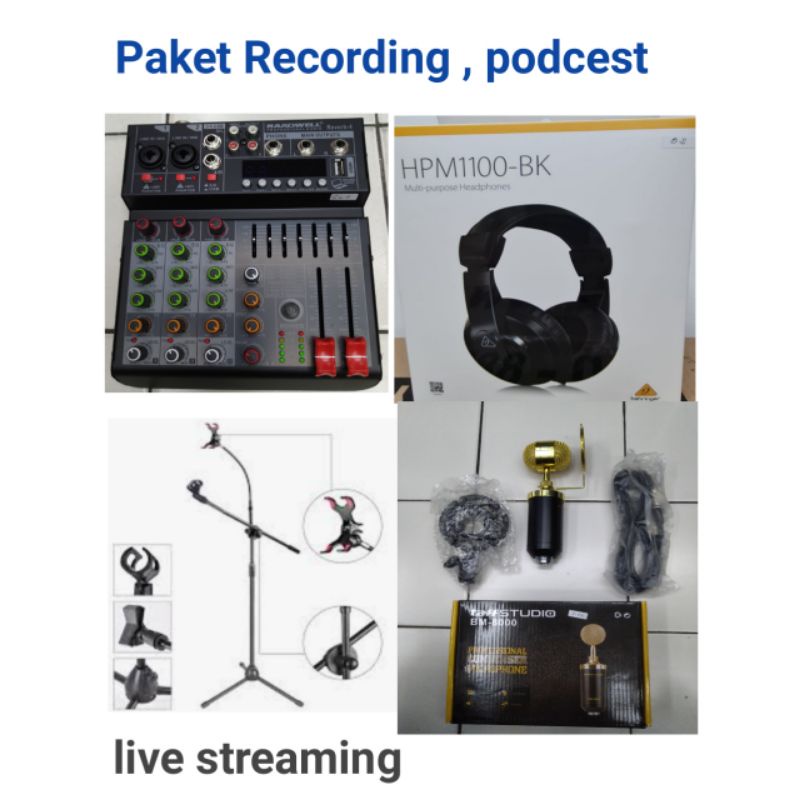 Paket Recording podcast live streaming, mixer hardwell,  mic BM 8000.
