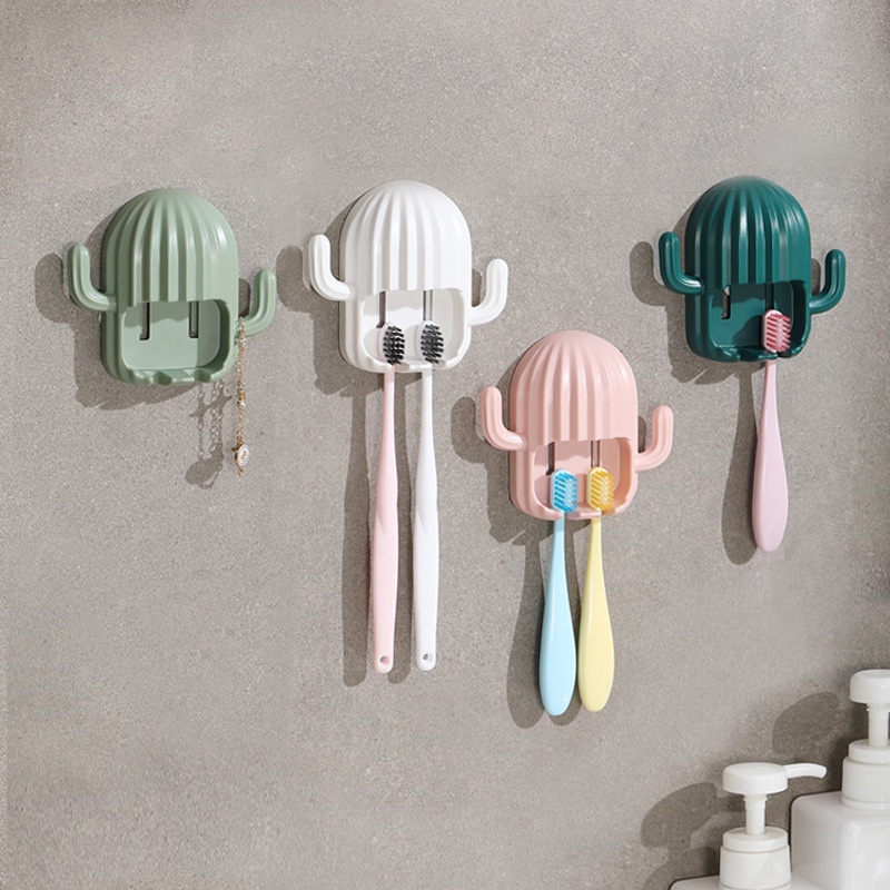 [Bathroom Wall Hanging Self Adhesive Cactus Toothbrush Holder] [Bathroom  Nail-Free Space Saving Storage Toothbrush Rack] [Multifunctional Organizer Shelf]