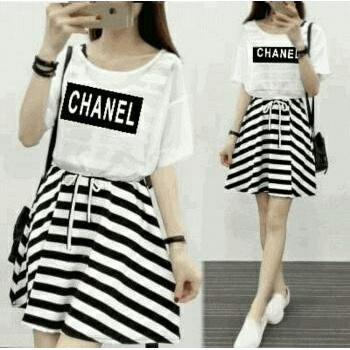 dresswanita casual dress korea murah terbaru Dress Salur Chanel Set - Putih 69HWB