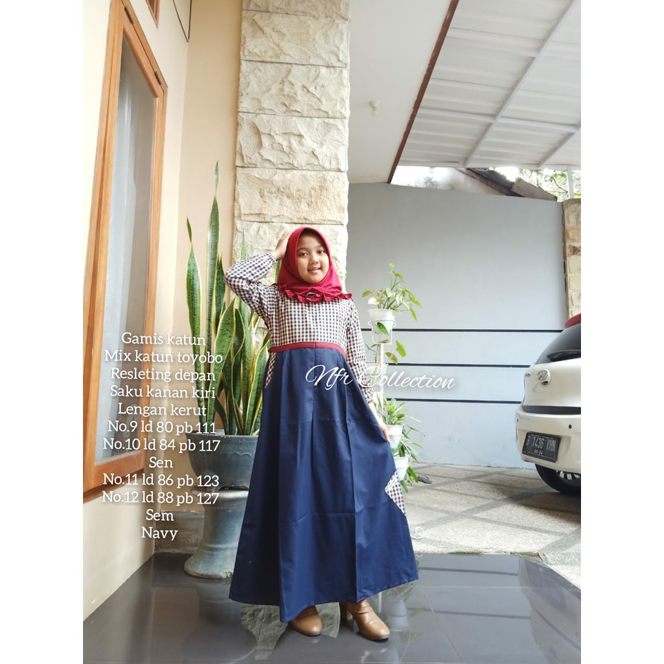 gamis oka oke anak tanggung /abg / remaja katun toyobo polos kombinasi kotak kotak ld 80 ld 84 ld 86
