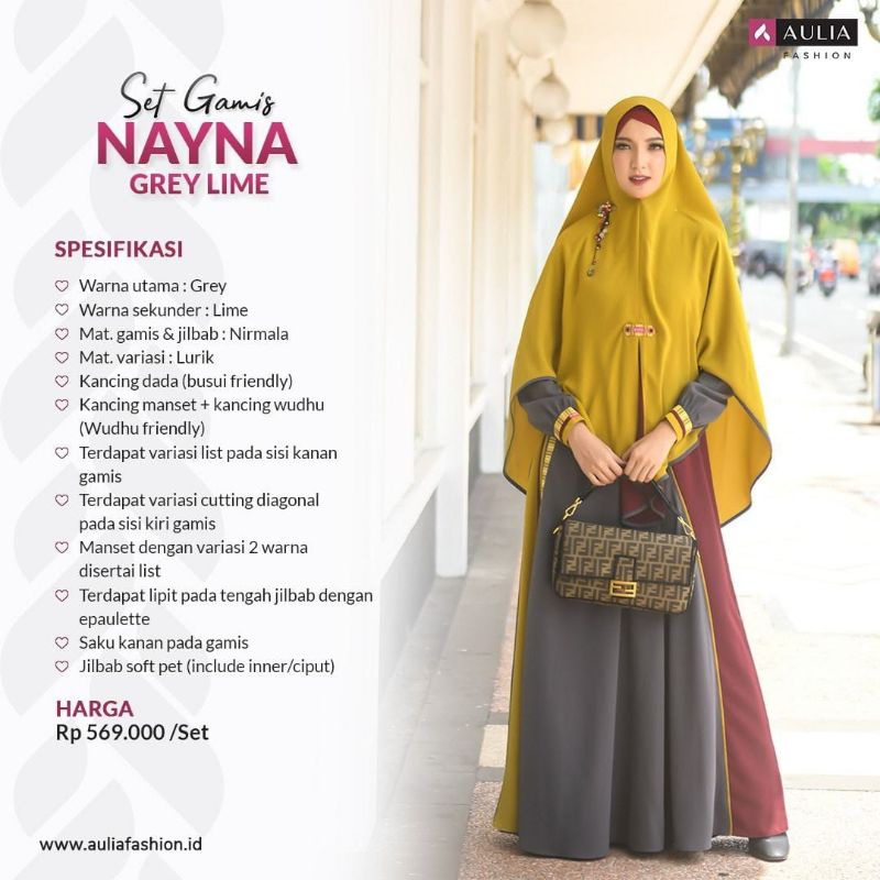 SET GAMIS NAYNA GREY LIME | GAMIS SULTAN SYAR'I AULIA FASHION DISKON TERBARU