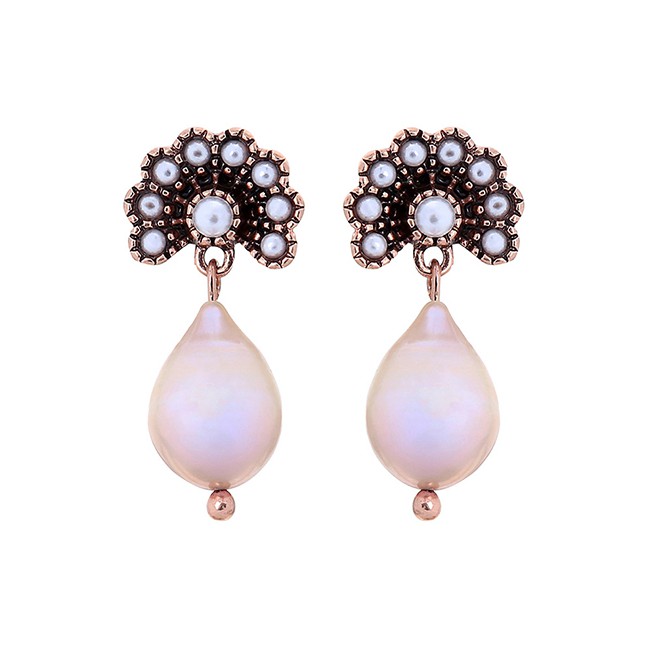 LRC Anting Tusuk Fashion Bronze Flower-studded Irregular Pearl Stud Earrings F34112
