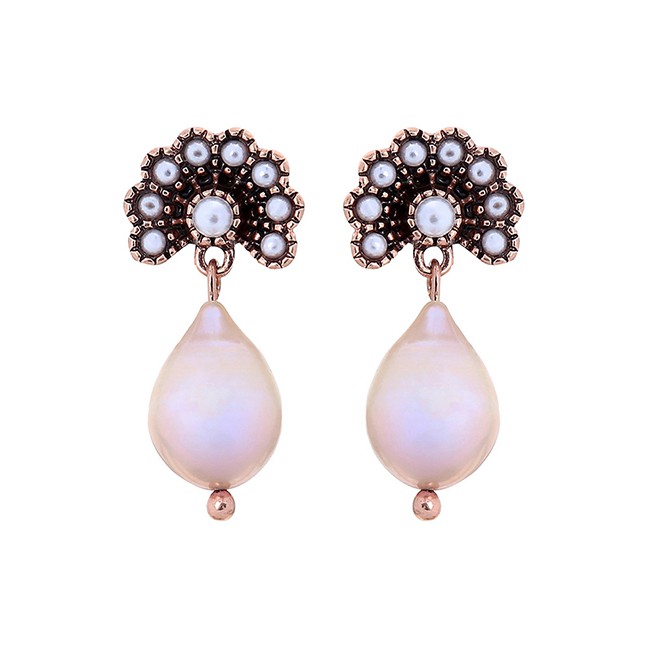 LRC Anting Tusuk Fashion Bronze Flower-studded Irregular Pearl Stud Earrings F34112