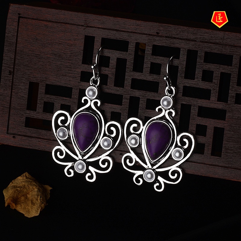 [Ready Stock]Retro 925 Silver Inlaid Charoite Earrings