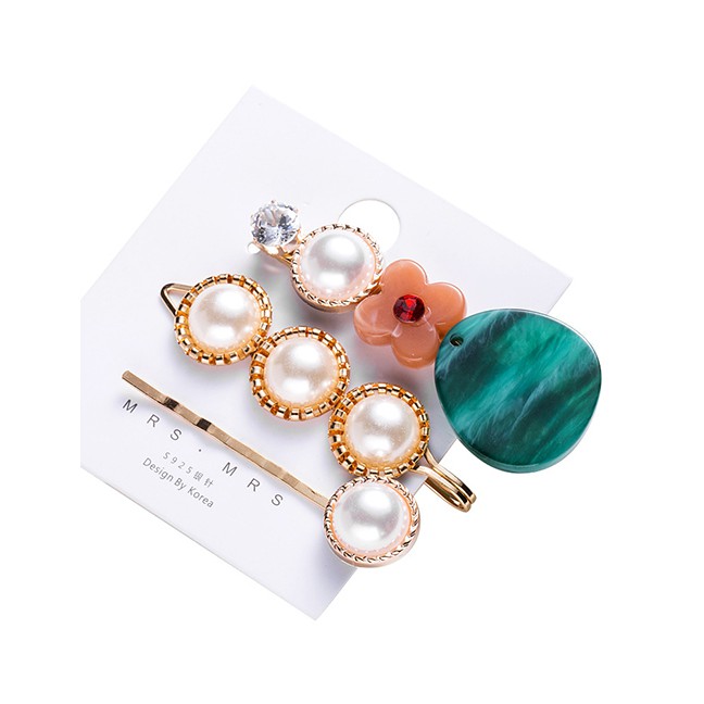 LRC Jepit Rambut Fashion Gold Color Geometric Acrylic Pearl Hair Clip Set F51604