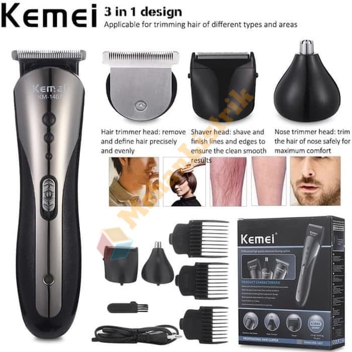 Pencukur Rambut Kemei KM 1407 3 in 1 Multifungsi Baterai Cas Charge Cukur Rambut Kumis Jenggot