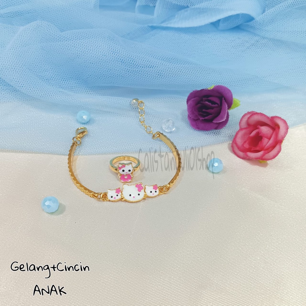 GELANG+CINCIN ANAK KITTY GOLD PERHIASAN EMAS KOREA ANTI KARAT DAN ANTI LUNTUR