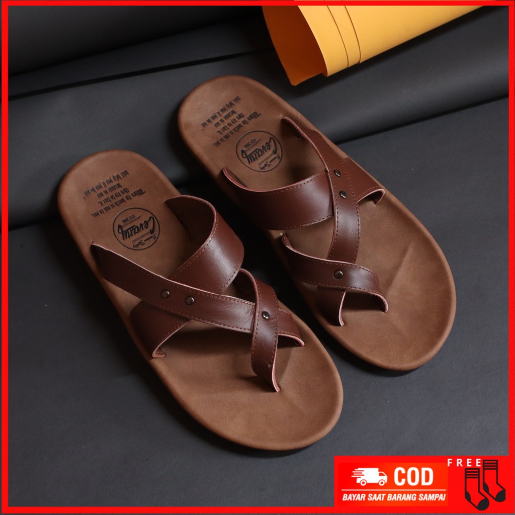 MOLK Sandal Kasual Kulit Asli Original Distro Murah Sendal Pria Kekinian Simple Anti Slip