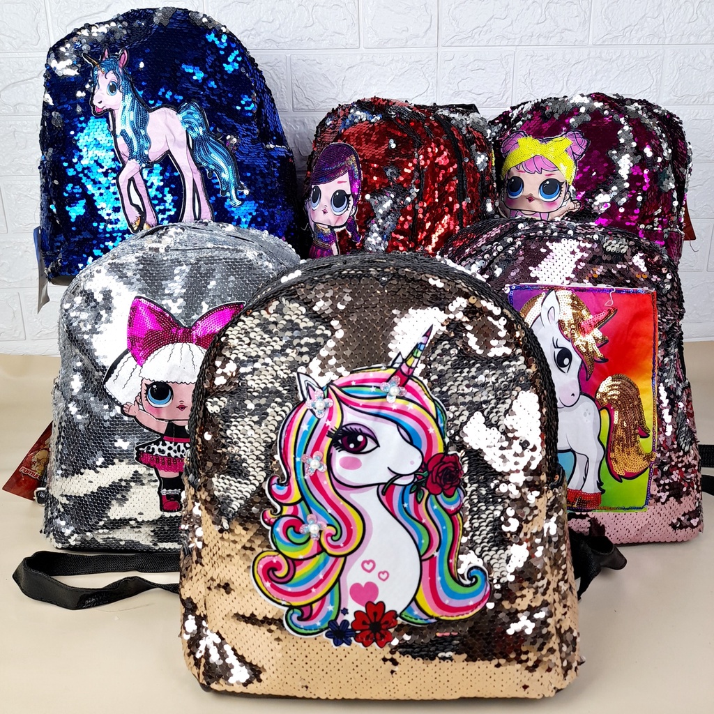 Tas Ransel Usap Anak TK SD Paud Manik Sequin Bling Bling Karakter Import TAS106