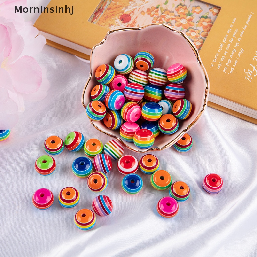 50 Pcs Manik-Manik Strip Spacer Resin Bulat Warna Pelangi Ukuran 8 / 10 / 12mm Untuk Membuat Perhiasan Handmade Charms