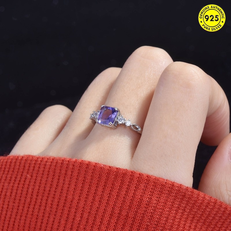 All-Match Colored Gems Square Diamond Amethyst Open Ring