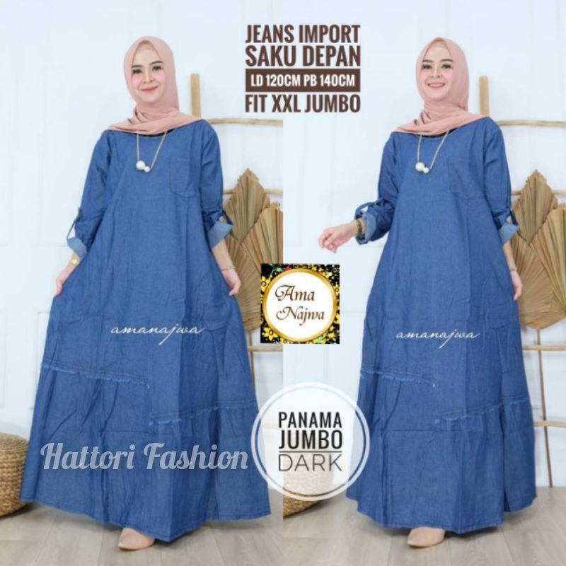 Panama Gamis Muslim Wanita Jumbo Bahan Jeans Original Kualitas HQ Ld 120 pb 140 Fit XXL Original Ama