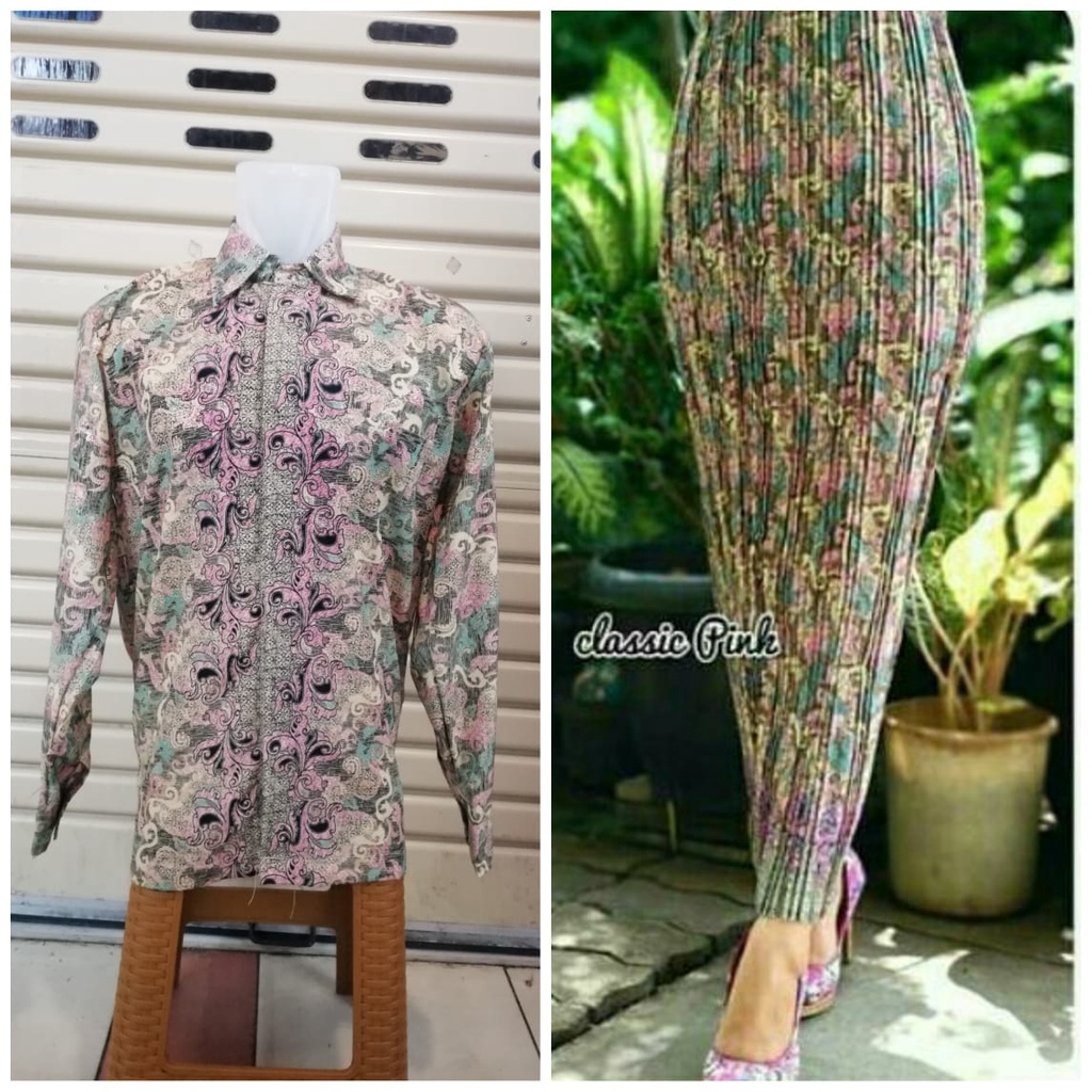 Setelan Couple Kemeja Batik Pria Panjang Dan Bawahan Kebaya Rok Plisket Wanita (2)