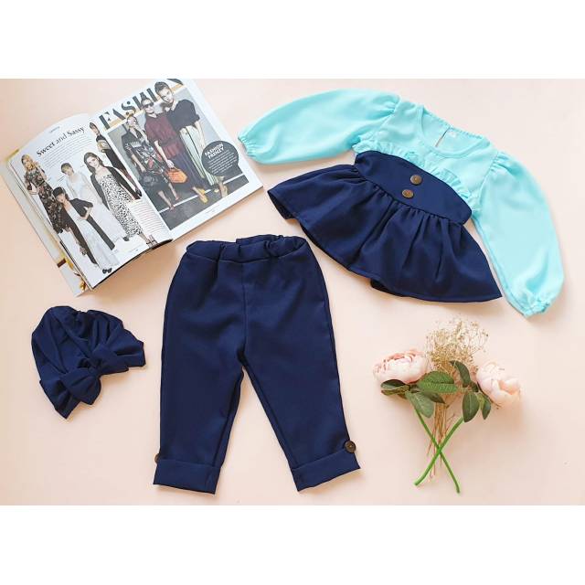 1 set gamis raya biru muda - navy (atasan + celana + turban)