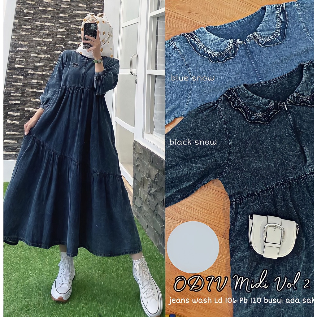 Baju Gamis Muslimah Dress Jeans Denim Busui Levis Maxy  Fashion Wanita Terbaru Kerah Variasi Kerut S