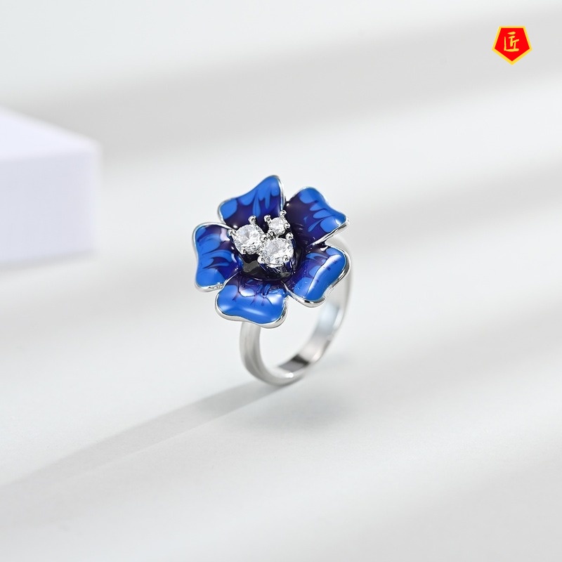 [Ready Stock]Blue Necklace Large Flower Diamond Ear Stud Suit