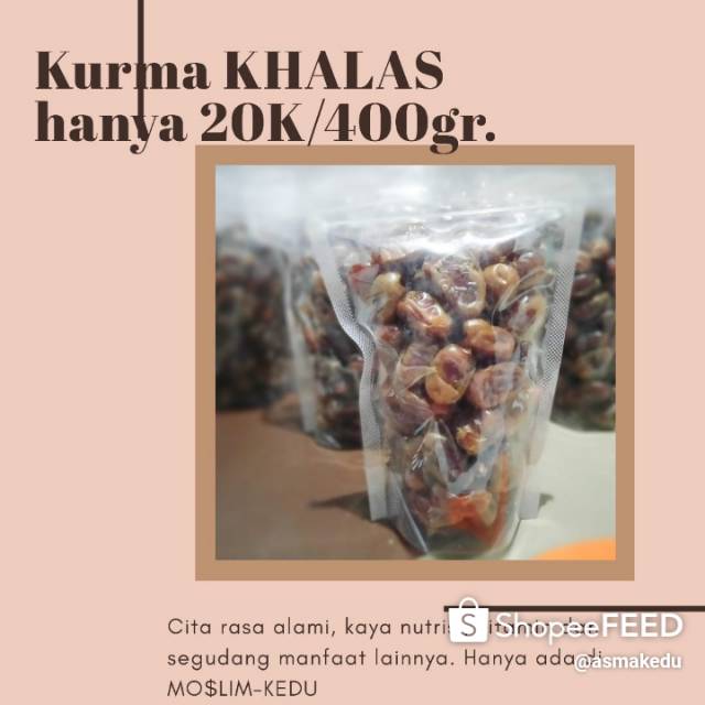 

Kurma KHALAS kemasan 400gr rasanya manis dan lembut dagingnya pun tebal