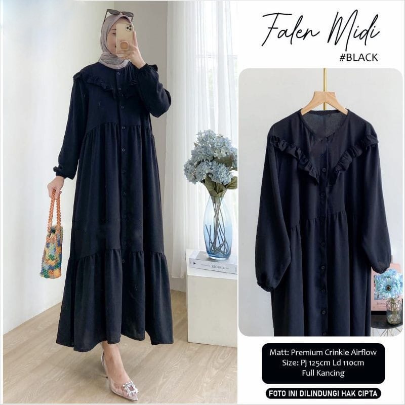 FALEN MIDI - Midi Dress Wanita - Busui Friendly - Gamis  katun Rayon  - Mididress Kekinian - Fashion OOT