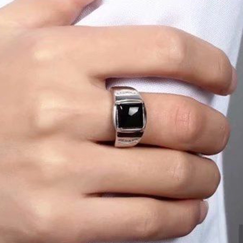 Cincin Batu Akik Onyx Hitam Imitasi Model Terbuka Dapat Disesuaikan Bentuk Persegi Gaya Vintage Punk Klasik Untuk Pria