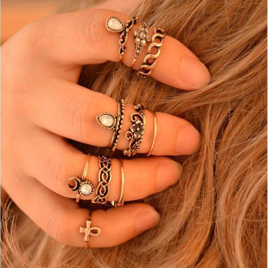 [ACKER] 10 Pcs/set Retro Gajah Bunga Bulan Midi Rings Set Untuk Wanita