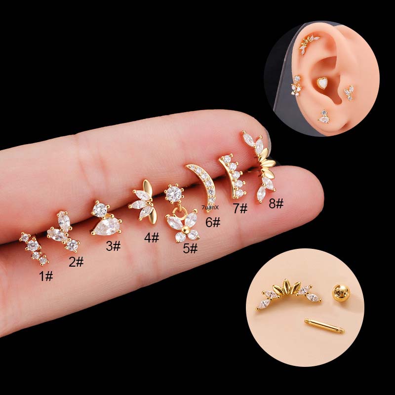 1 Pc Anting Stud Dangle Bentuk Kupu-Kupu Bulan Sabit Bahan Stainless Steel 20Gauge Untuk Wanita