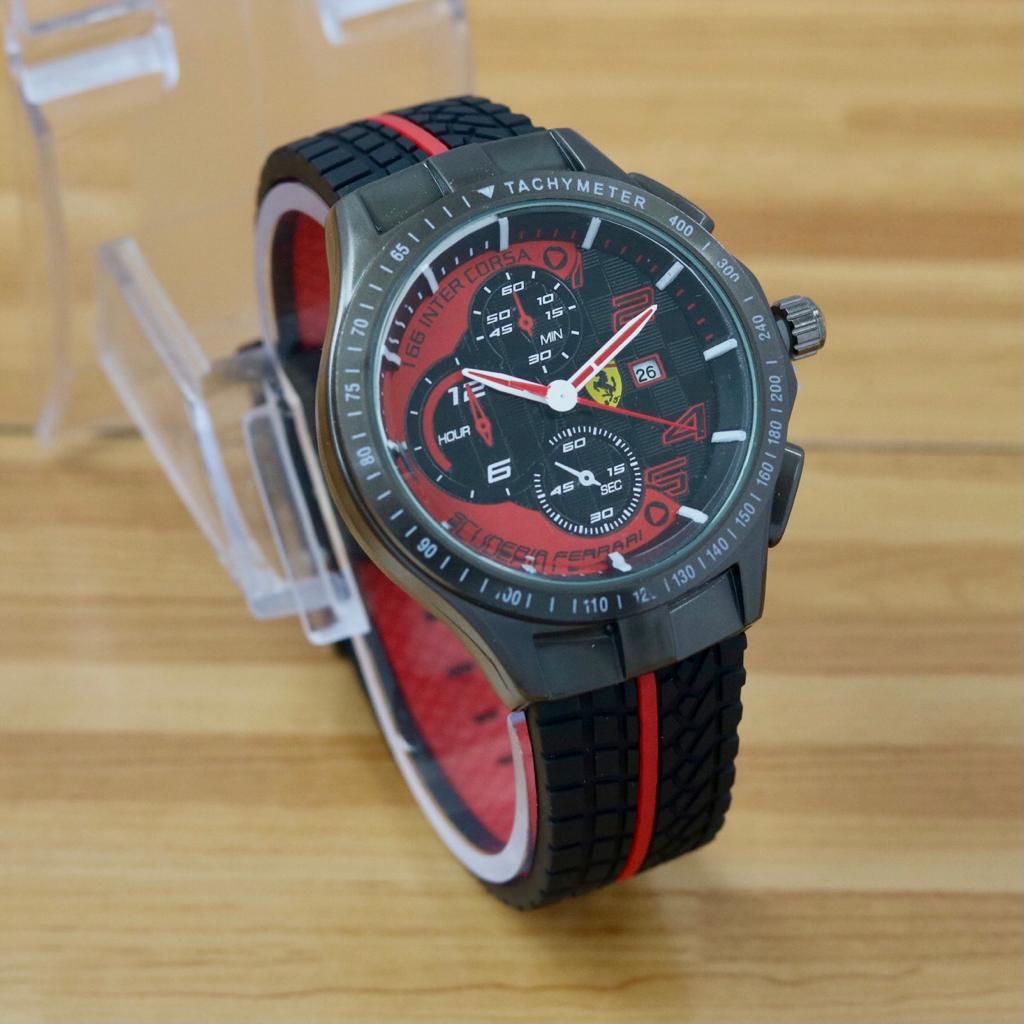 BEST SELLER JAM TANGAN PRIA FERARIF O60 TALI RUBBER CHRONO HIASAN TANGGAL AKTIF DM 4.5CM FREE BOX || JAM TANGAN PRIA RUBBER FERARI