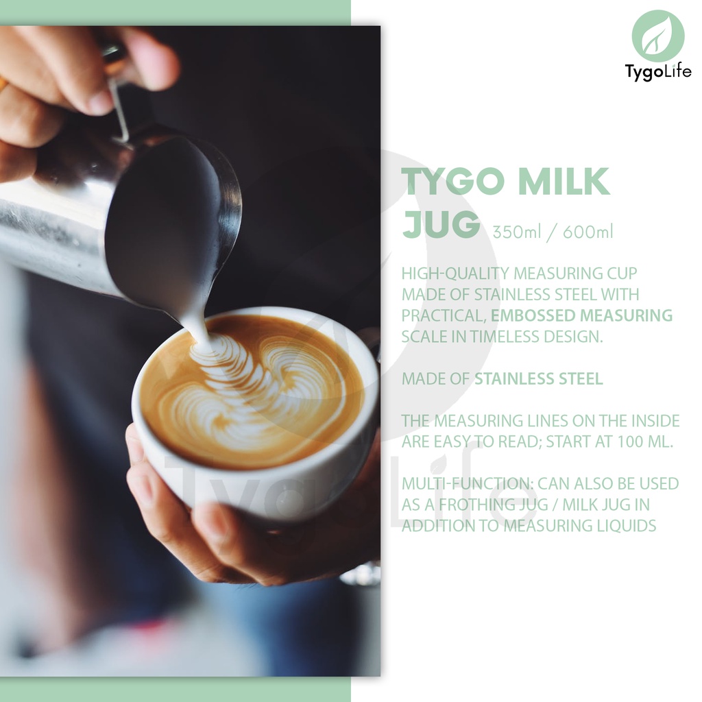 TYGOLIFE MILK JUG BARISTA LATTE ART 350ml 600ml TITANIUM/STAINLESS STEEL DGN SCALE