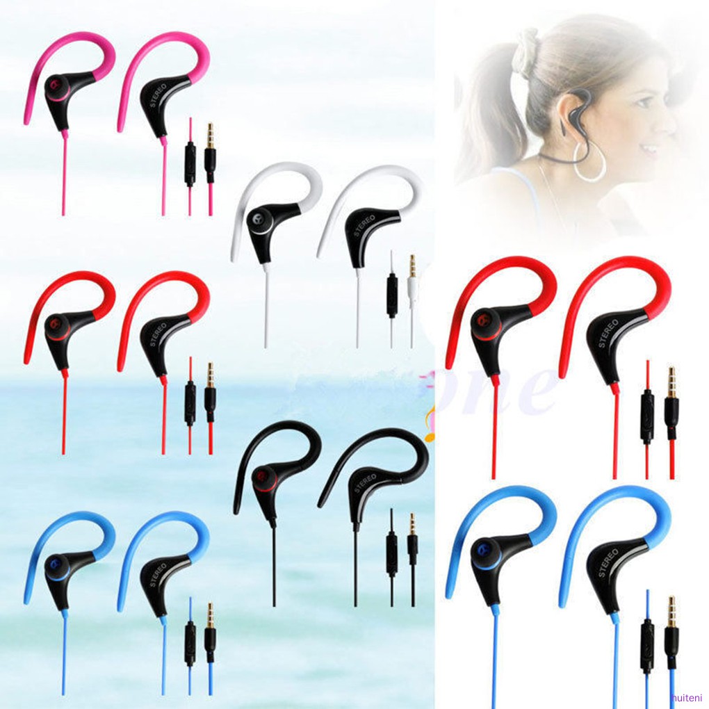 Headset Earphone Kait Telinga Sport Stereo Dengan Mic + Kabel Jack 3.5mm Untuk Smartphone Huiteni