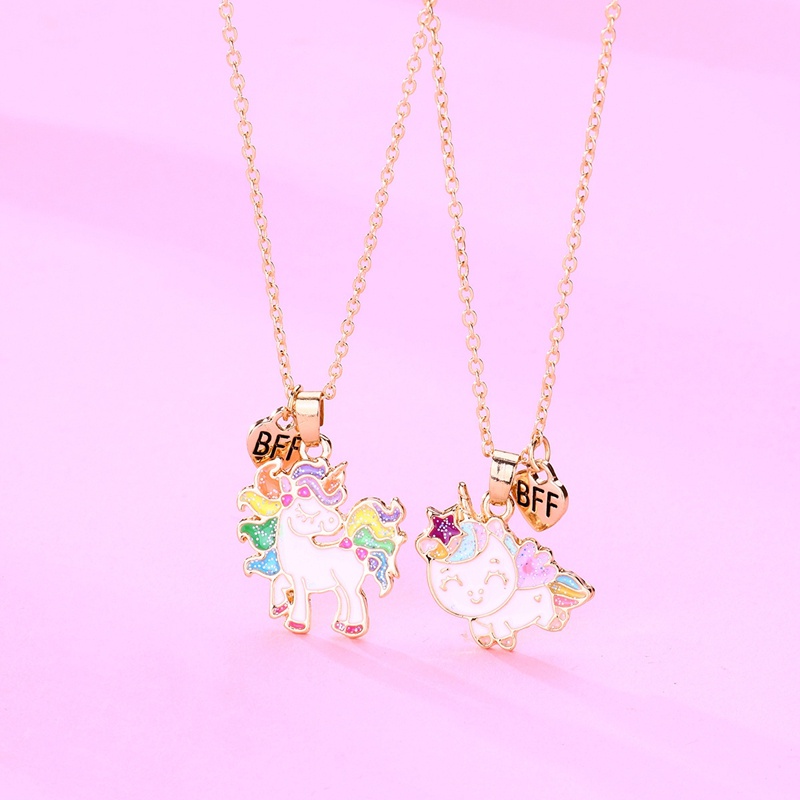 2pcs / Set Kalung Rantai Dengan Liontin Unicorn Lucu Untuk Wanita