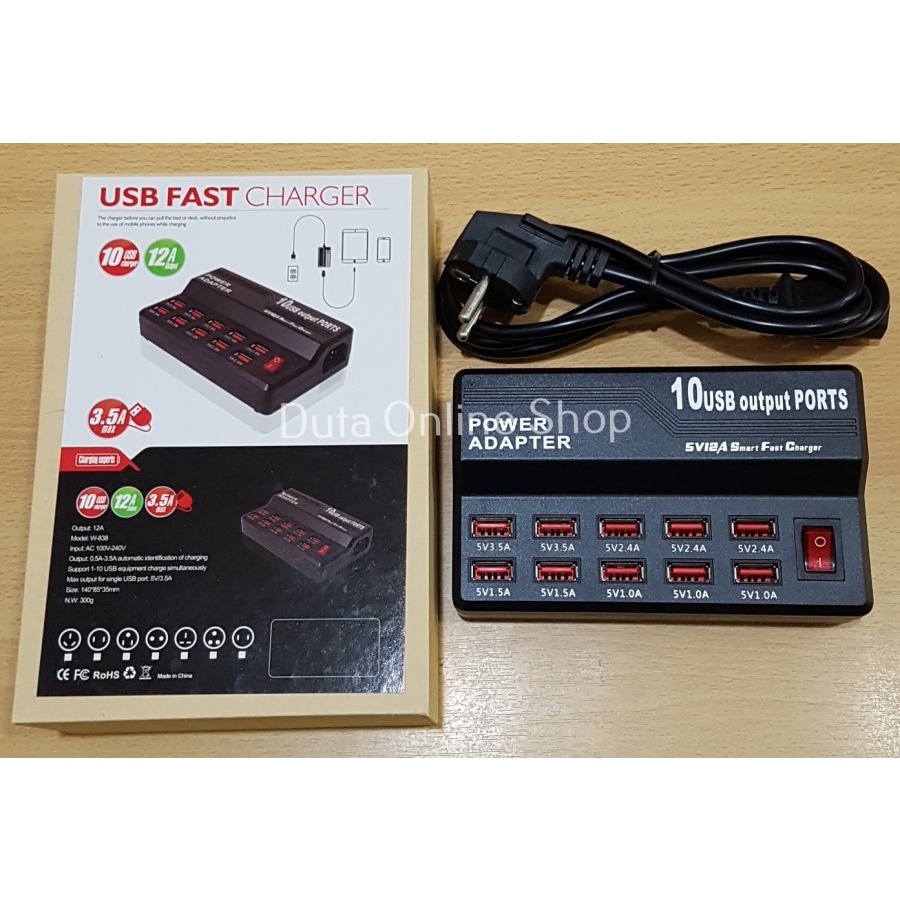 Usb Fast Charger 10 Port USB Power Adapter Max output 12A WLX-838 New