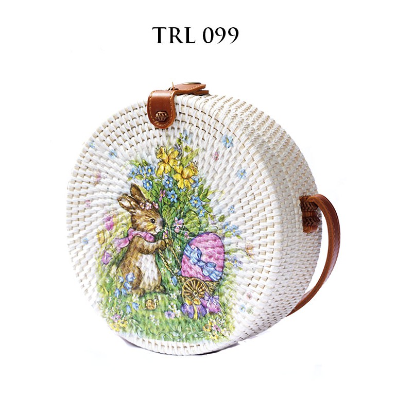 Sweet Honey ~ Grosir Tas Rotan Bulat MurahLukis Decoupage Rabbit Kelinci TRL 099 Diameter 20cm [Bisa COD]