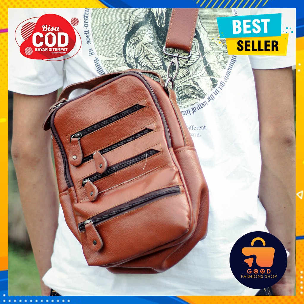 Tas Selempang Pria Kulit Asli Sapi Original Garut Murah Warna Coklat Muda Dan Tua