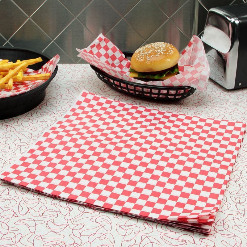 

250pcs Food Wax Paper Black Red Checkered Dry Deli Wrap Paper Fast Food Packing Sheet For French